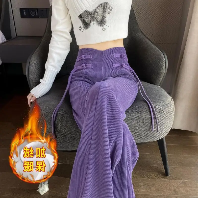 Hot 2026New Autumn Winter Women Chinese Style Buttoned Chenille Pants with Thick Corduroy Casual High Waisted Straight Leg Pants