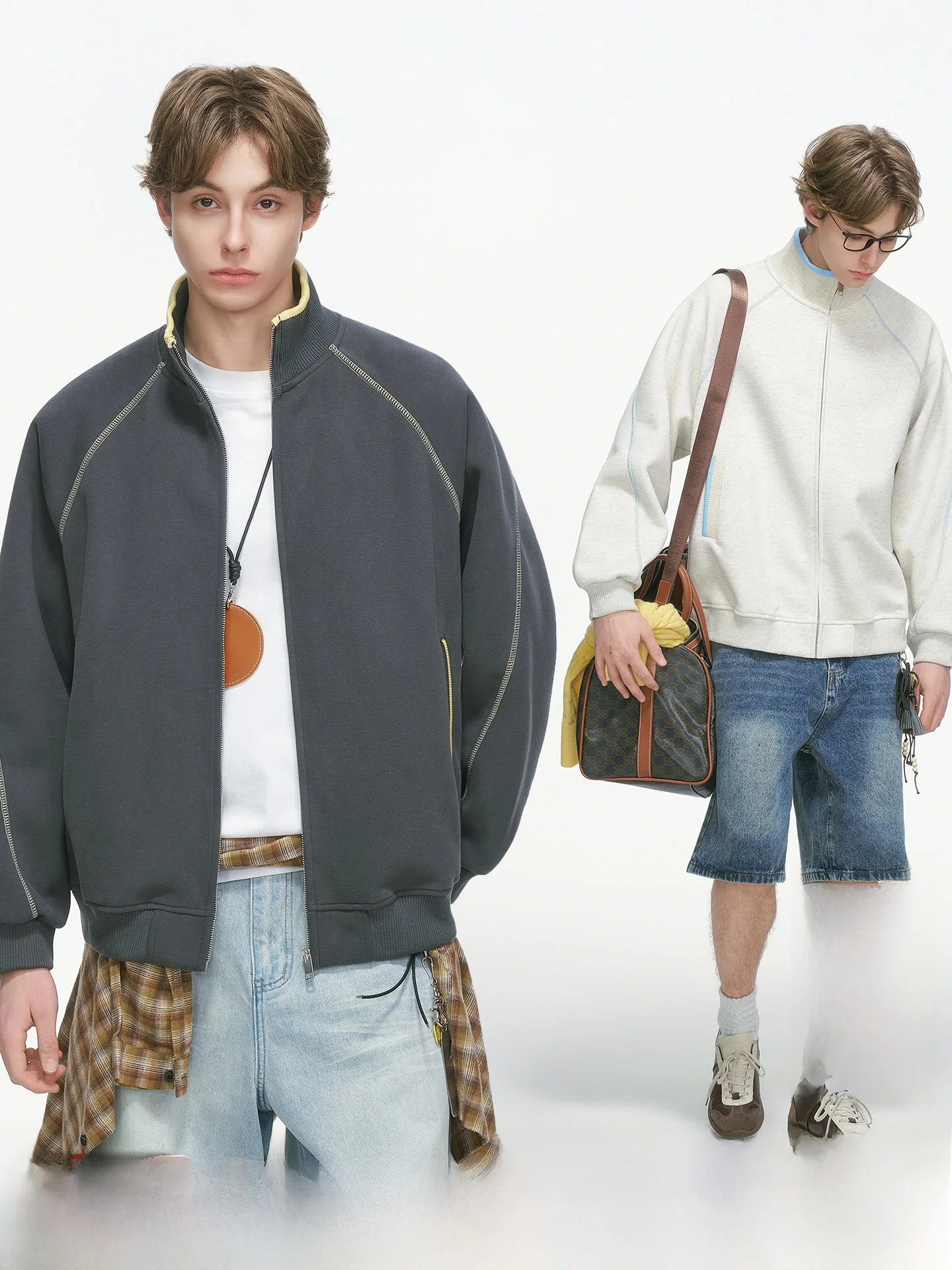 Dream Made American Style Hsu Line Stand Collar Open Cardigan Sweatshirt Men Spring Autumn Heavy Casual Sports Jacket Boys
