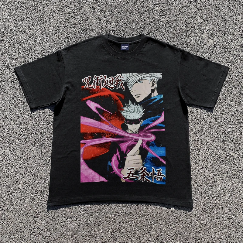 

Футболка Jujutsu Kaisen Gojo Satoru, винтажные футболки с графическим принтом аниме для мужчин и женщин, летняя черная модная футболка в стиле Харадзюку унисекс