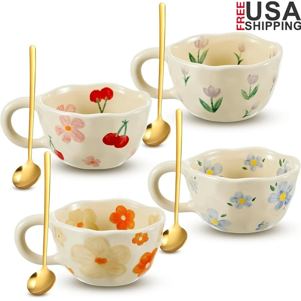 

Cute Ceramic Flower Coffee Mug Set Vintage Aesthetic Porcelain Floral Cups Creative Design Dishwasher Safe Gift Tea Coffee