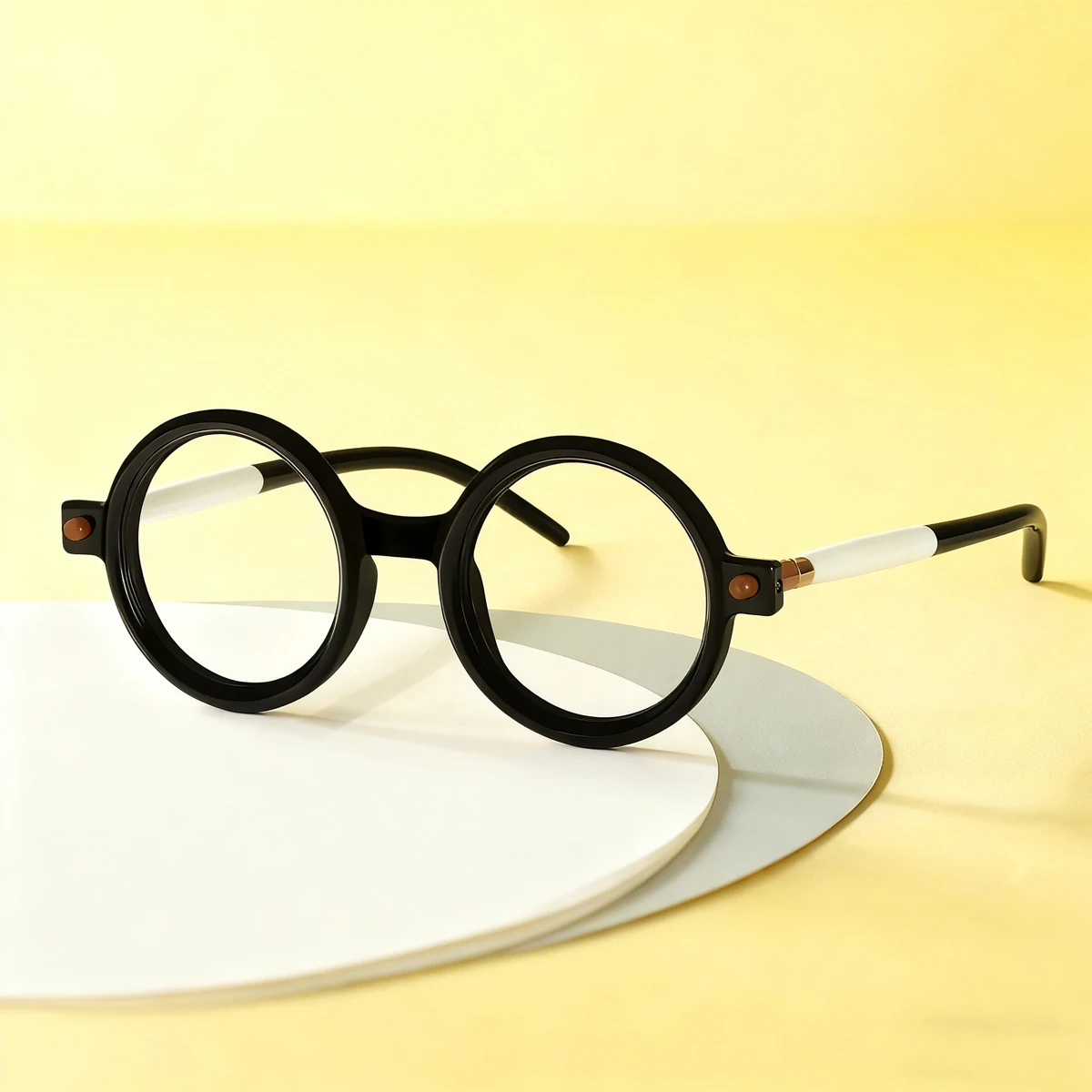 

FYTOO Vintage Round Frame Glasses - Retro Black Eyewear with White Accents 86602H