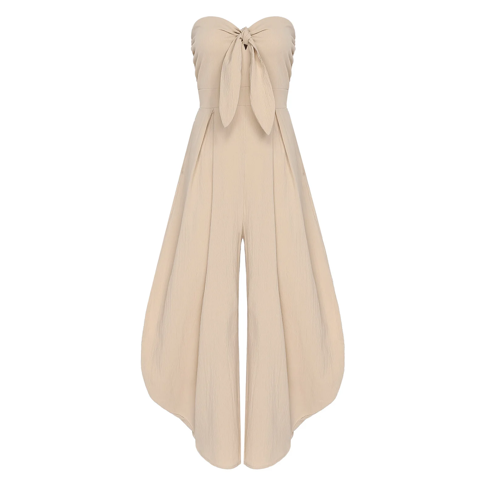 بدلة قفز نسائية أنيقة بعقدة ربط أمامية بدون حمالات مكشكشة عالية الخصر سراويل فضفاضة من قطعة واحدة لحفلات الكوكتيل والعطلات