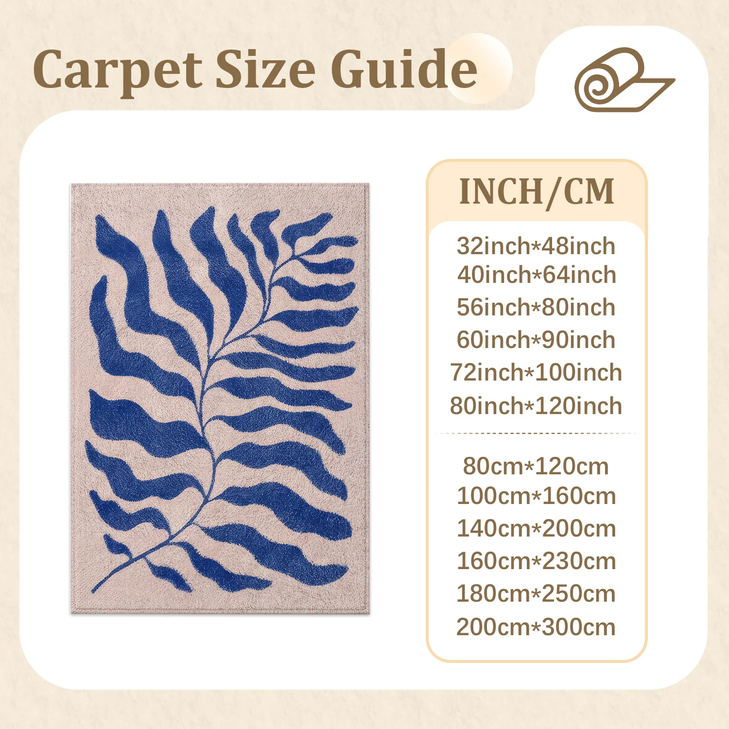 Large Indoor Area Rug, Soft Velvet Low Pile with Non-slip Dotted Backing, Machine Washable Blue Fern Leaf Pattern Beige Cozy Floor Rug for Living Room, Bedroom, Entryway Home Decor