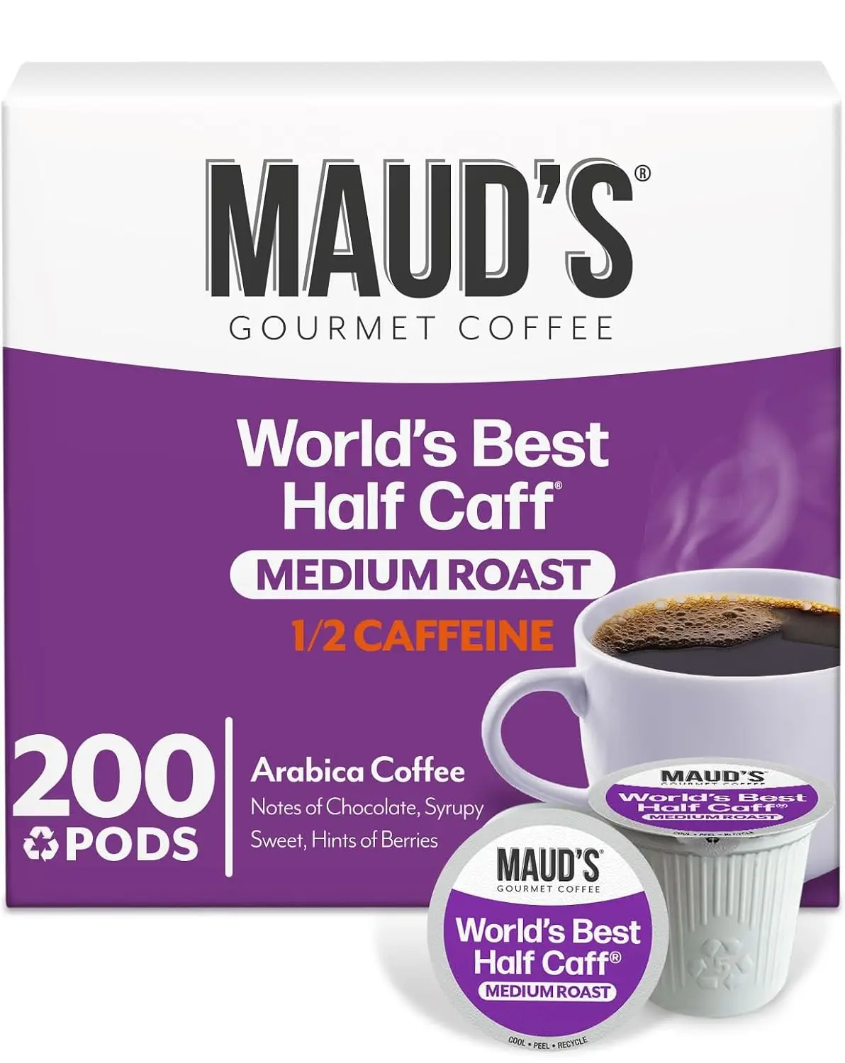 Maud's Half Caff Medium Roast Coffee Pods, 200ct | Half-Caffeinated Medium Roast Coffee in Single Serve Pods – Compatible with K