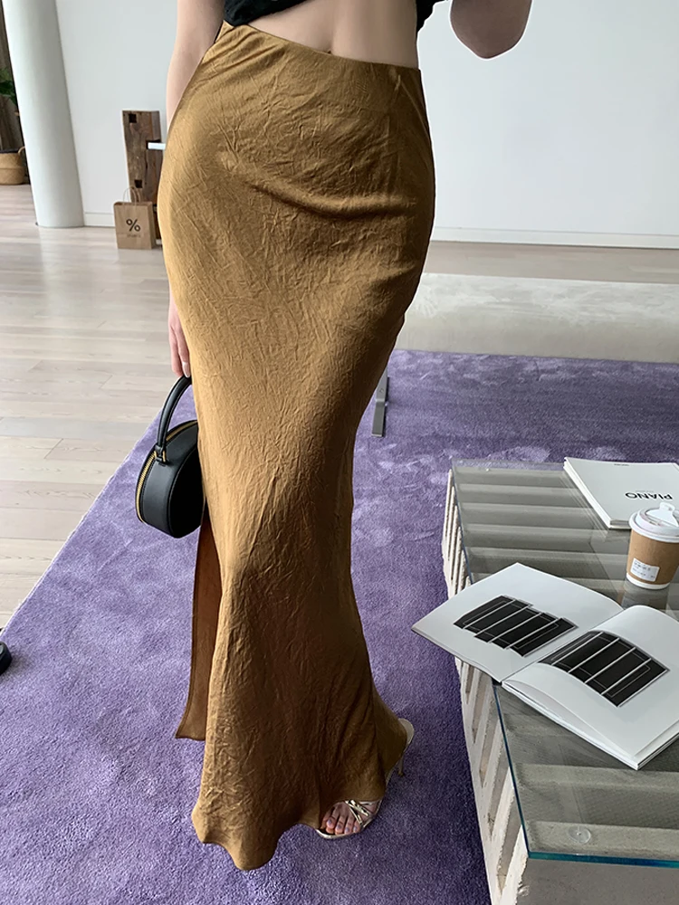 

2024 Summer New Women's Clothing New Casual High Waist Slim Split Long Skirt Satin Solid Color Long Skirts High Quality Elegant