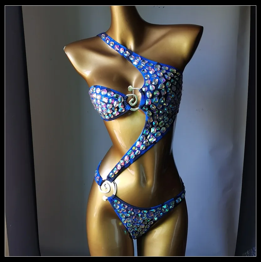 2025 New sexy diamond One piece swimwear bling stones bathing suit rhinestone beachwear Burst Glitter Halter Bikini Set