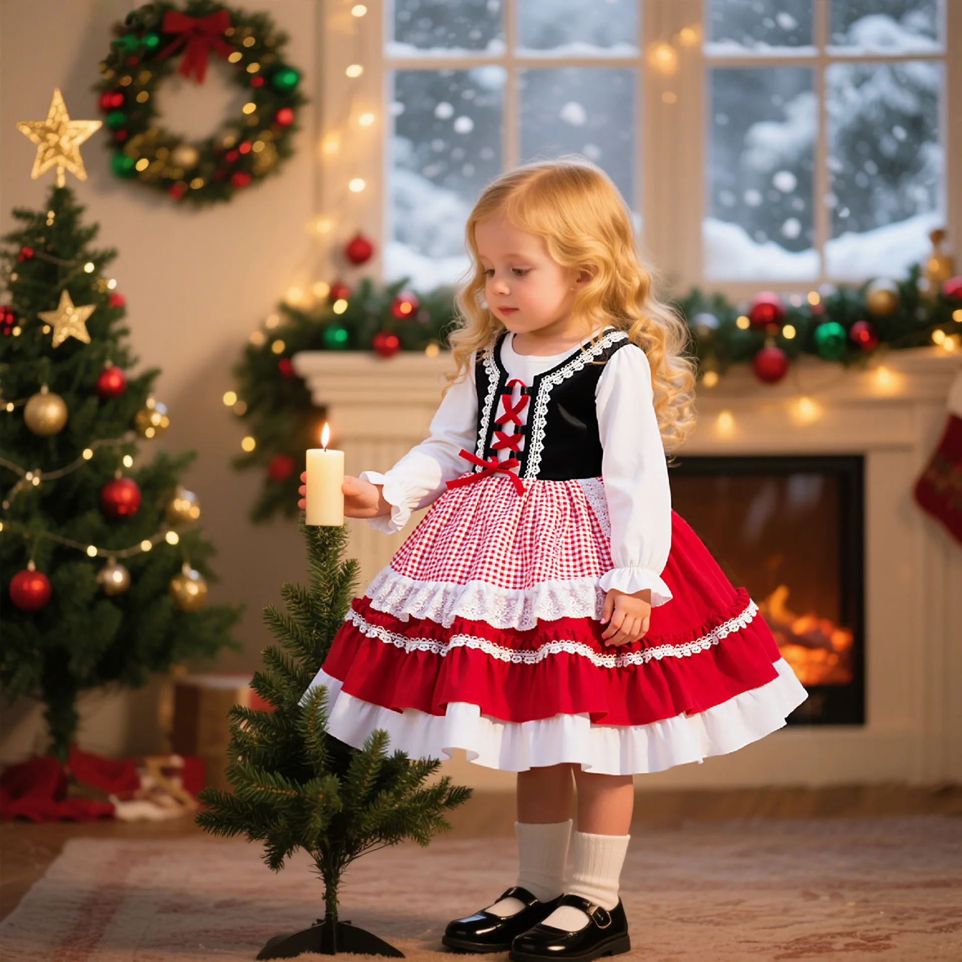 Girls Dress Christmas Long Sleeve Trouser Red Princess Dress Party Festive Dress