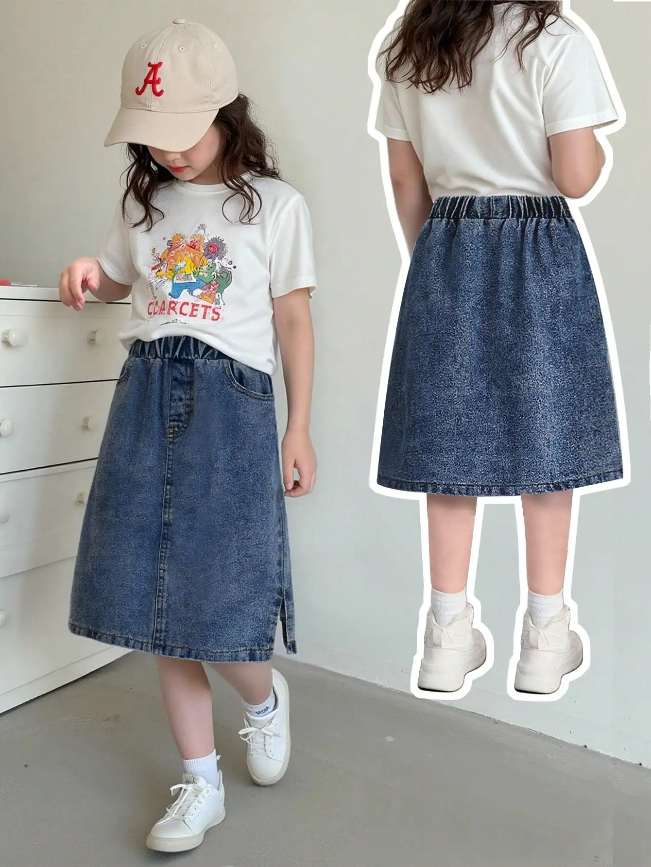 

Girls Denim Midi Skirt with Side Slit, Elastic Waist, Casual A-Line Style