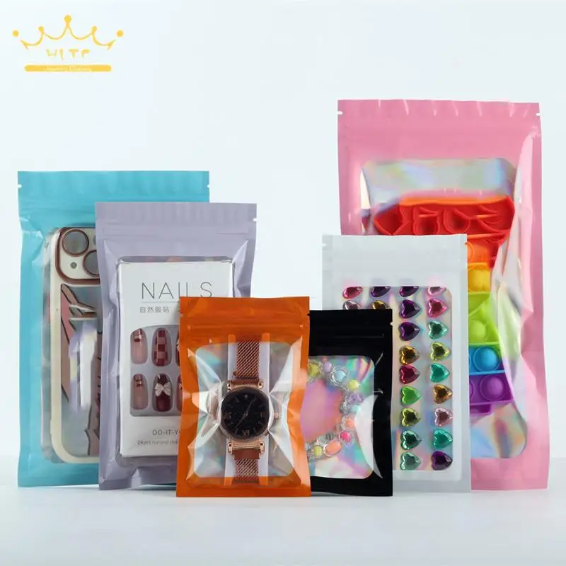 100Pcs Laser Self Sealing Bag Sparkling Jewelry Holder Nail Rings Hairpin Seal Pocket Rainbow Color Aluminum Foil Packaging Bags