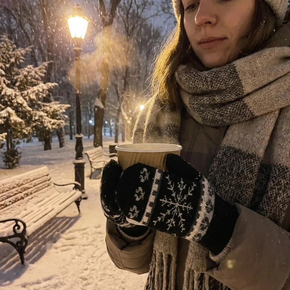 Double Layer Snowflake Jacquard Knitted Gloves Fleece Thickened Winter Mittens Acrylic Fiber Cold Resistant Warm Gloves