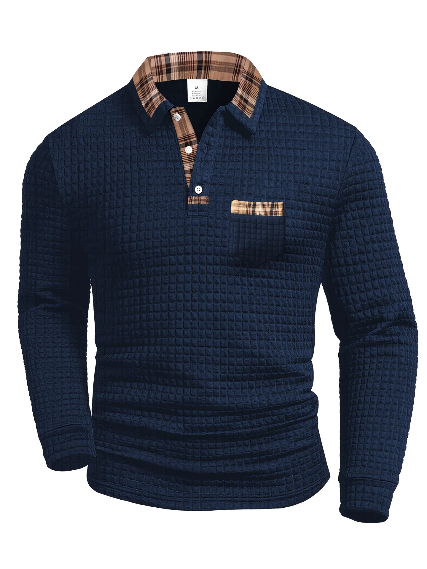 Spring and Autumn Fashion New men's outdoor casual checkered pocket polo shirt with collar and muscle design, long sleeve