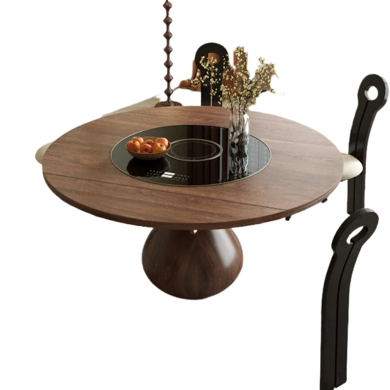 

Solid wood round dining table, induction cooker warm vegetables rotating and folding