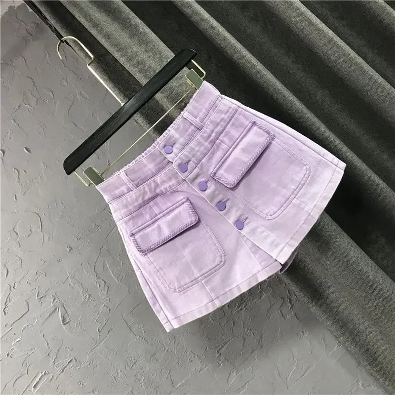 Women's 2025 Summer New Fashion High Waist Korean Spliced Pocket Solid Color Casual Wide Leg Trouser Skirts A-line Denim Shorts