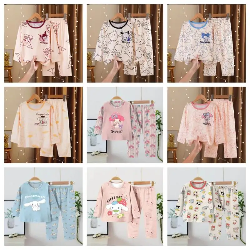 Kawaii Sanrioed Anime Cartoon Children's Long Sleeved Pajamas Cute New My Melody Cinnamoroll Pochacco Home Suit Set Gift