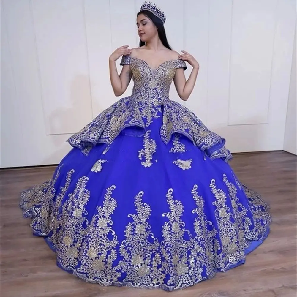 ชุดเจ้าหญิงสีฟ้าราชวงศ์ quinceanera เปิดไหล่ชุดไปงานเต้นรำ appliques หวาน16ชุดเดรส15 años เม็กซิกัน