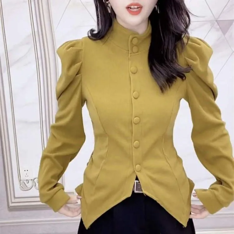 

Autumn Winter Women's Turtleneck Solid Button Asymmetrical Shirring Long Sleeve Cardigan Coats Fashion Casual Office Lady Tops