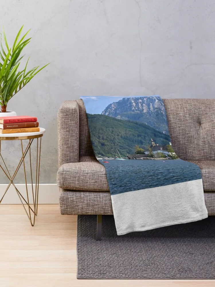 Castle Schloss Ort Orth on lake Traunsee in Gmunden landascape Austria Throw Blanket Plaid on the sofa Soft Plush Plaid Blankets