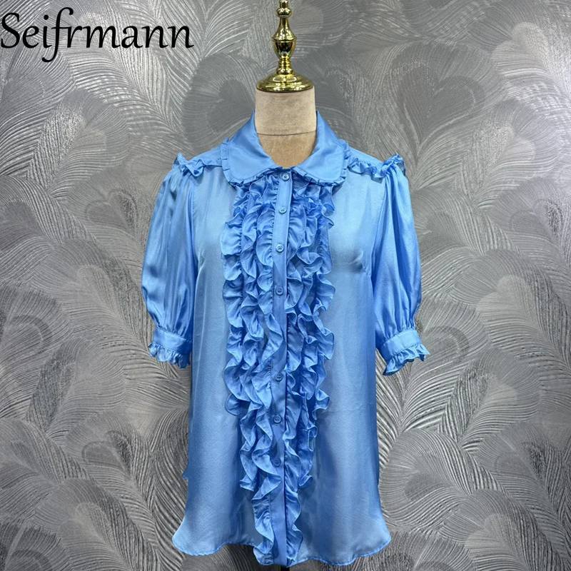 

Seifrmann 2026 Летняя женская новая модная шелковая рубашка с отложным воротником, коротким рукавом, однобортная, однотонная