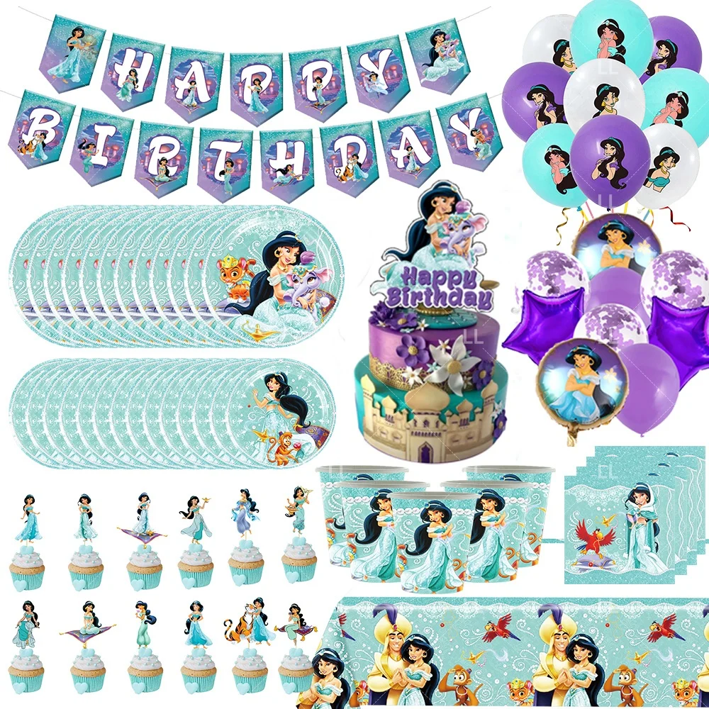 Artículos para Fiesta de Cumpleaños de la Princesa Jasmín y Aladdin, Decoración con Globos del Príncipe, Decoración para Baby Shower, Platos, Vasos, Adorno para Pastel, Regalo para Niños