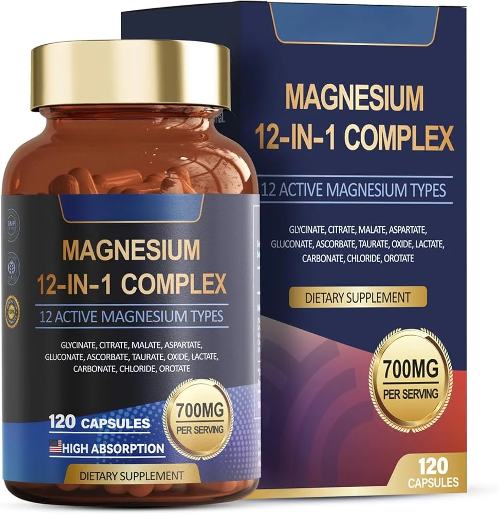 Complejo de Magnesio 700mg, Suplemento de Magnesio 12 en 1 con Glicinato, Citrato, Malato, Óxido, Taurato, Aspartato, Orotato de Magnesio