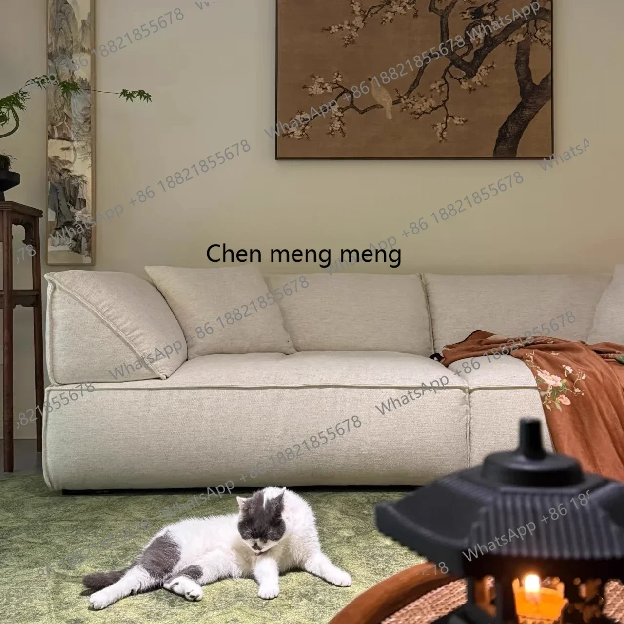 zA68Medieval Wabi Sansan Fenglifa B & B Living room Small apartment Straight row three-person fabric minimalist sofa