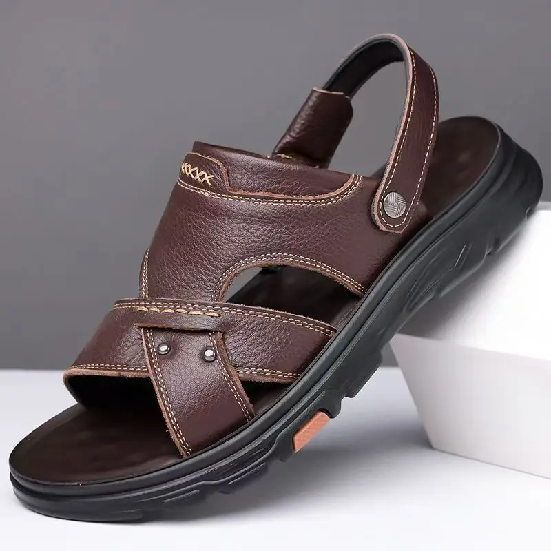 

Men Dual Purpose PU Leather Beach Sandals Slippers Summer New Soft sole Non Slip Open Toe Outdoor Casual Sandals Driving Sandals