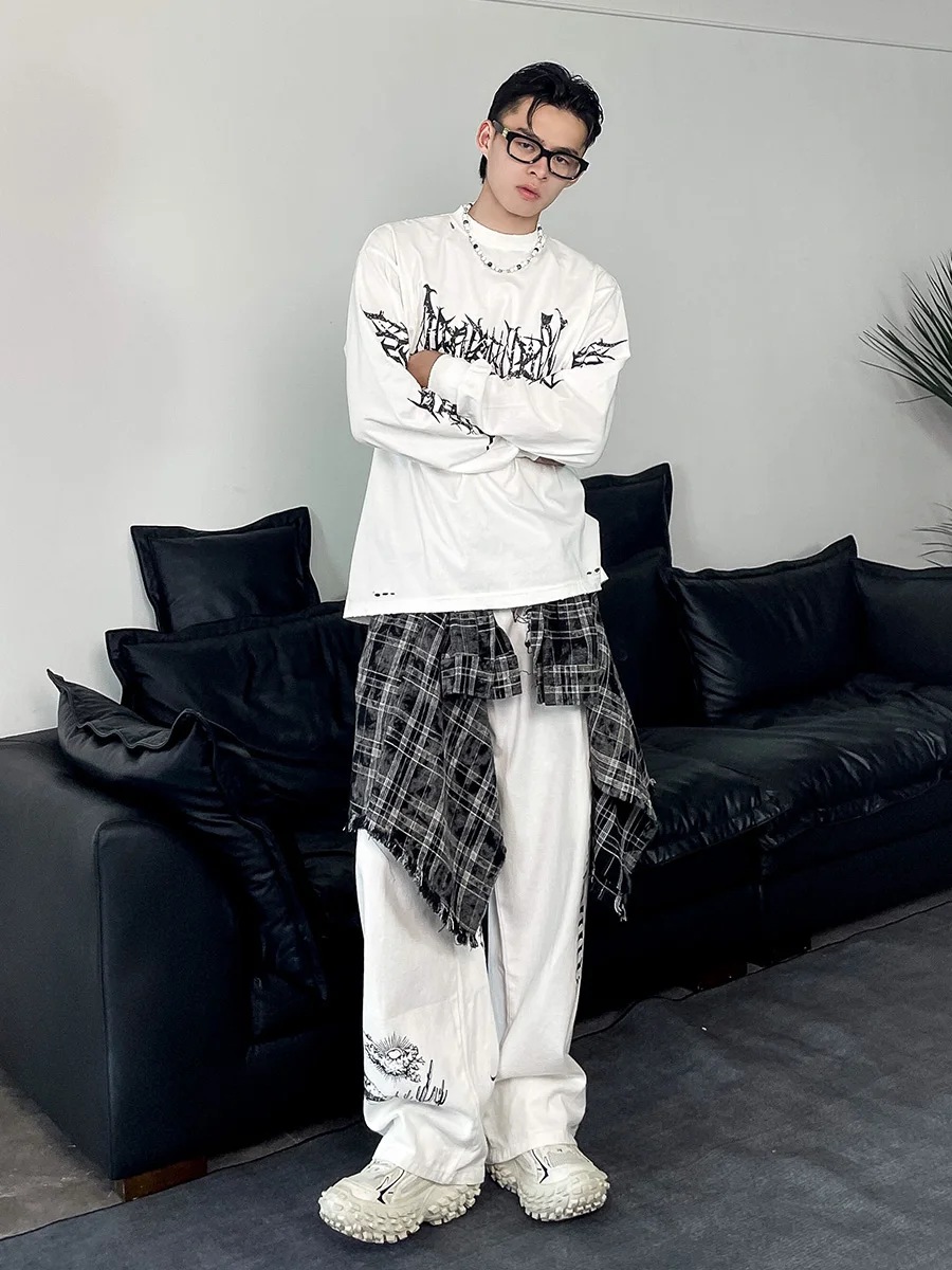 

Loose Fit Long Sve T-irt Men's Trendy Brand Streetwear Thorns Print round Ne Casual Breathable Cotton Youth Faion