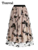 Tonval-faldas largas elegantes con cintura elástica y malla bordada para mujer, faldas plisadas de longitud media Vintage