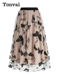 Tonval elastische taille vlinder geborduurde mesh overlay elegante lange rokken voor dames vintage midi lengte plooirok
