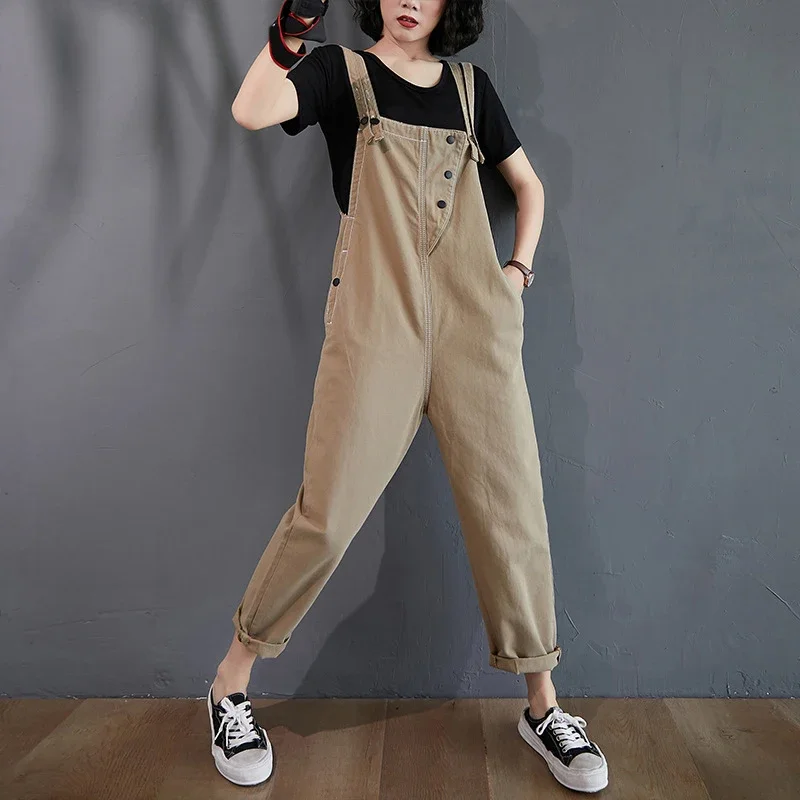 

Khaki Denim Jumpsuits For Women Summer Korean Loose Sleeveless Denim Overalls Female Casual Double Shoulder Strap Red Jumpsuit