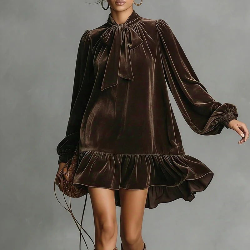 Damska codzienna sukienka z kokardą przy dekolcie, rozkloszowana, plisowana, wiosenna sukienka mini z aksamitu w stylu retro, jesienne luźne sukienki boho z długim rękawem.