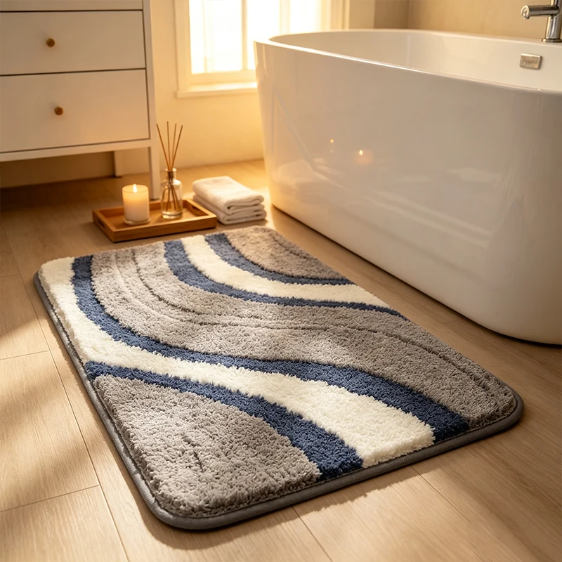 Non-Slip Wave Striped Bath Mat Soft Plush Highly Absorbent Quick Dry Floor Rug for Shower Area