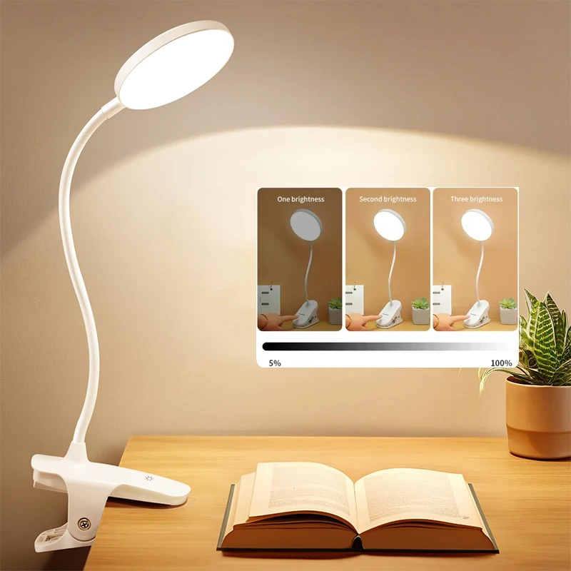 Portable USB Table Lamp Rechargeable Desk Lamp with Clip Bed Reading Night Light LED Touch 3 Modes Dimming Eye Protection Light
