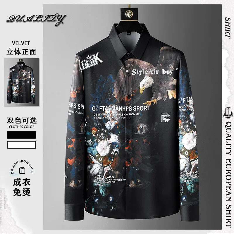 Brans Clothing Hot Diamond Printed Shirt for Men 2023 Autumn Long Sleeve Casual Business Dress Shirts Streetwear Social Blouse