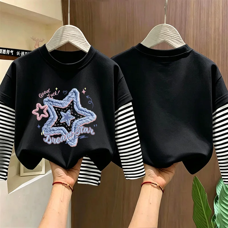 Girls Cotton Striped Patchwork Long Sleeve T Shirt Spring Autumn Kids Casual Versatile Girls Korean Round Neck Top