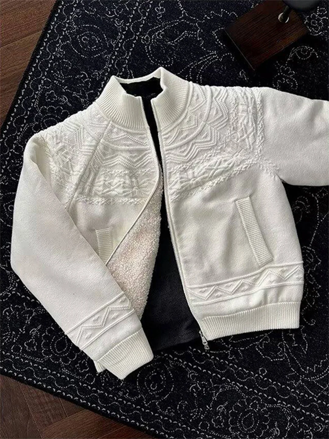 

White Heavyweight Fair Isle Knit Sweater Men's ort Fce Lined Warm Soft Open Cardigan Winter Casual Outerwear