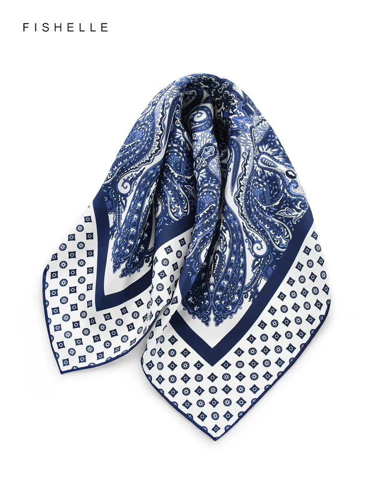 New blue white ethnic style printed natural silk twill small square scarf for women spring autumn real silk scarves men\'s hijab