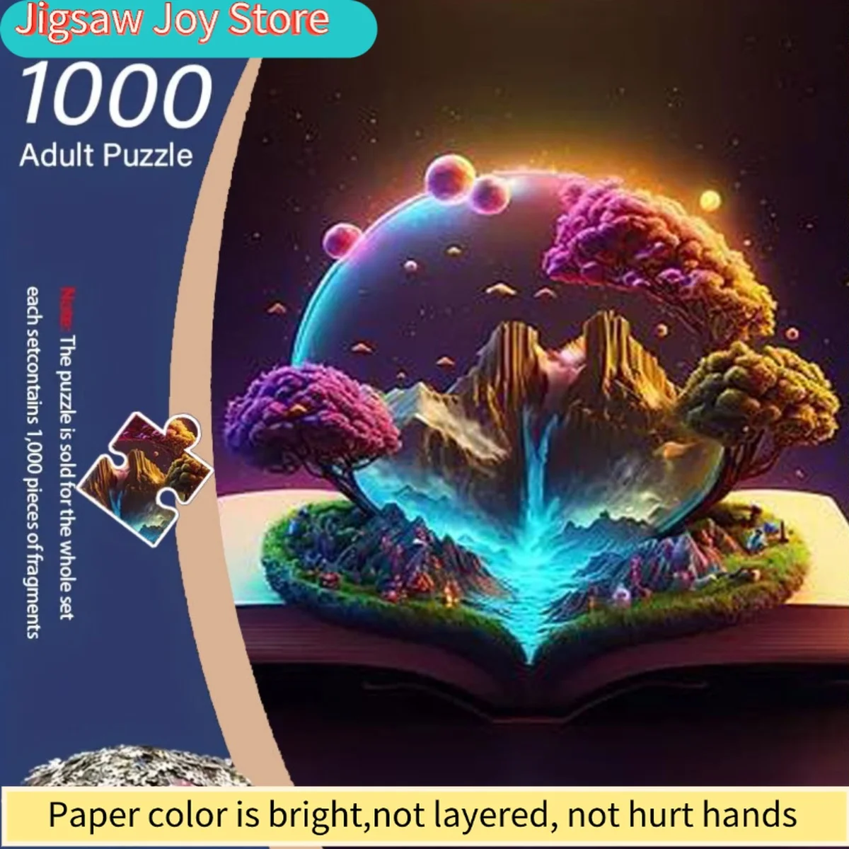 

Пазл из 1000 деталей для взрослых с изображением ярких гор, светящихся деревьев и планет, представленных в виде открытой книги, создающий впечатляющий образ.