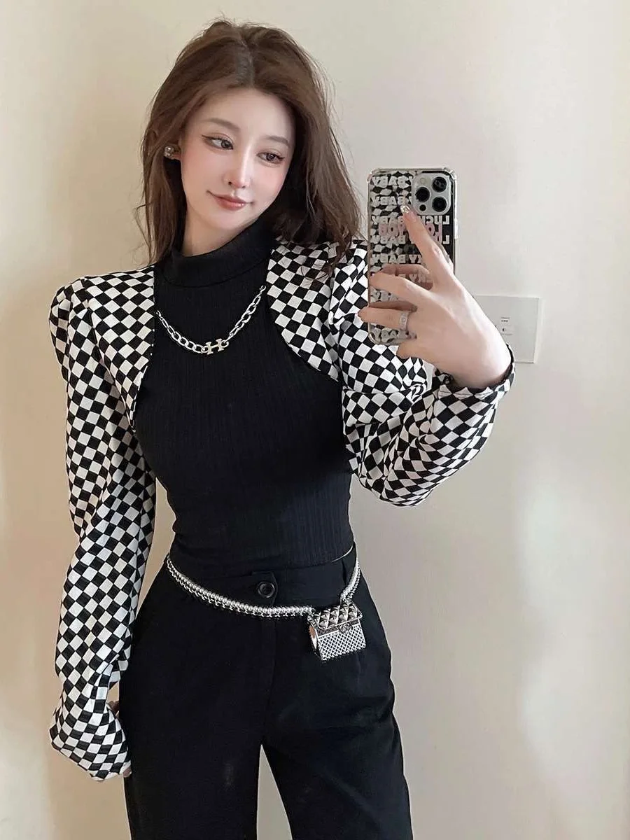 

Французская вязаная рубашка в клетку с высоким воротником для женщин, имитация двухслойного топа с эффектом ожерелья, осенне-зимняя новинка