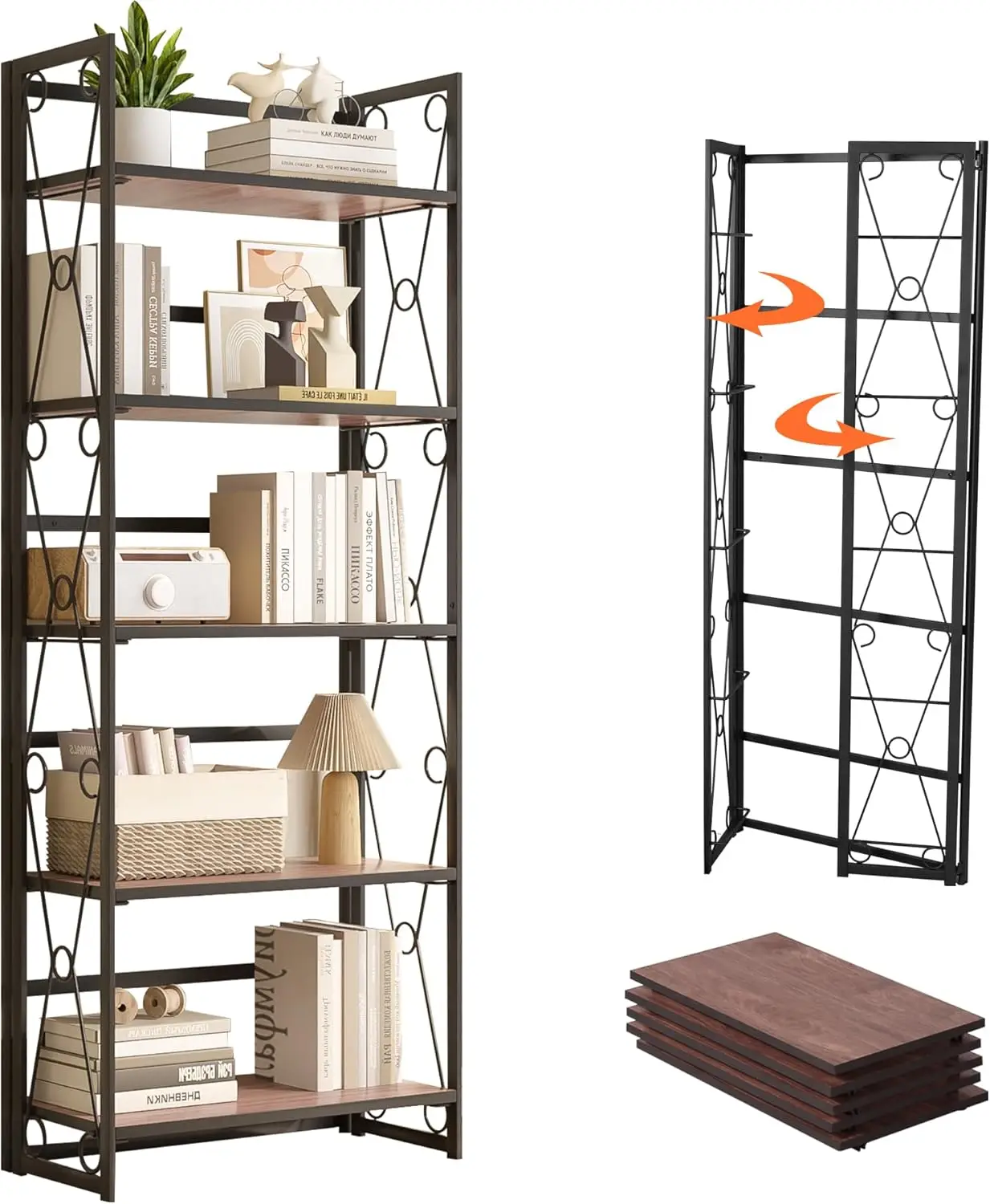 

Folding Bookshelf, 5 Shelf Bookcase No Assembly, Industrial Metal Frame Shelves Rack Organizer for Living Room, Walnut 1 Set