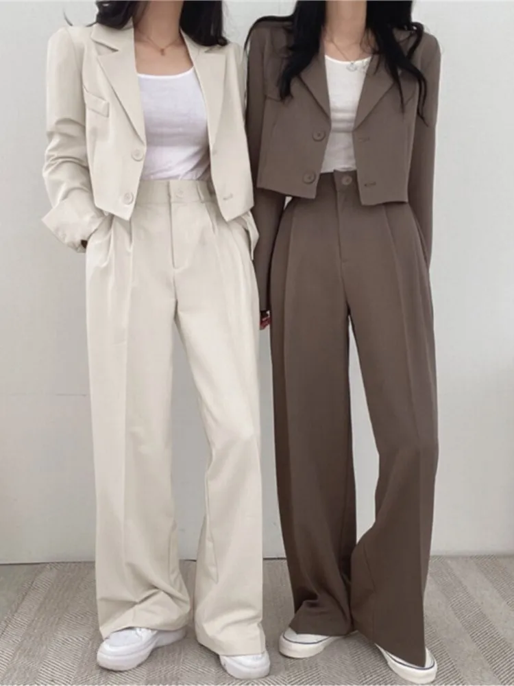 Women's Solid Casual Suits Blazer Jacket Wide Leg High Waist Pants Office Lady Autumn Spring Crop Tops Coats Two Piece Sets