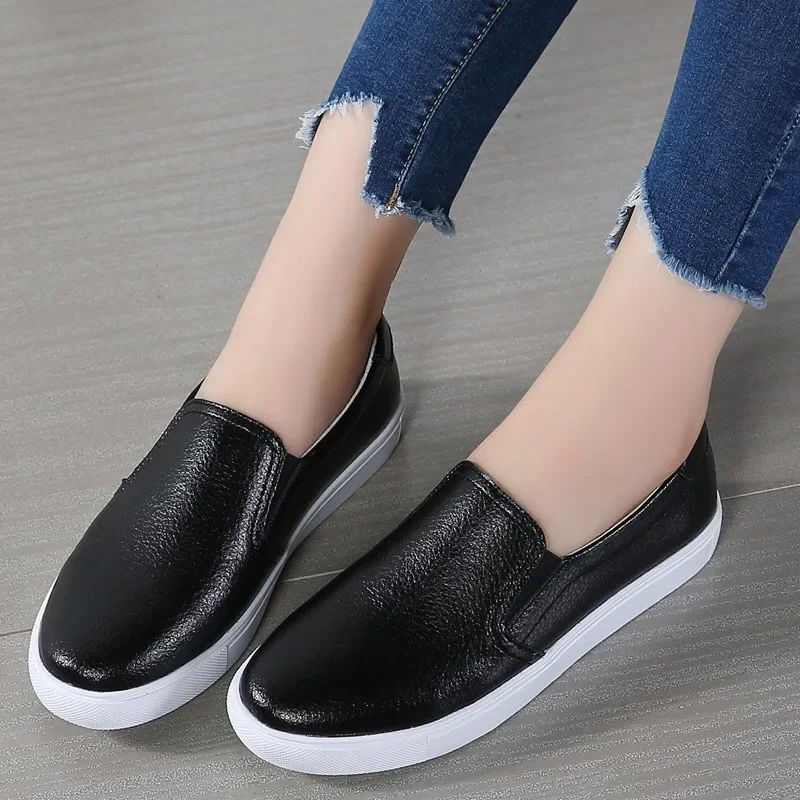 Women Ladies Female Gril Genuine Leather White Shoes Flats Platforn Sneakers Slip On Soft Vulcanized Shoes