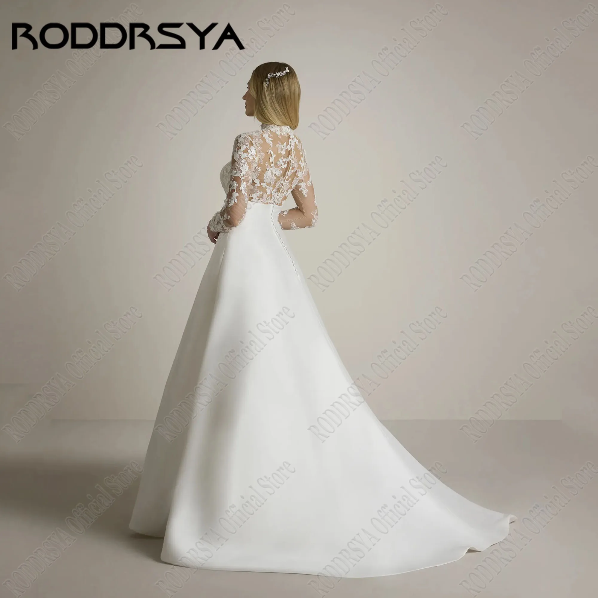 RODDRSYA-vestido de novia Vintage de manga larga, vestidos de novia de bolsillo de satén de línea A, apliques de cuello alto, ilusión trasera, vestidos de noviaVestido de novia retro roddrsya vestido de novia de manga