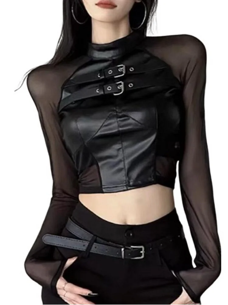 Women  Gothic Patchwork Faux Leather + Mesh T-Shirt Y2k Full Sleeve Performing Dance Tee Top