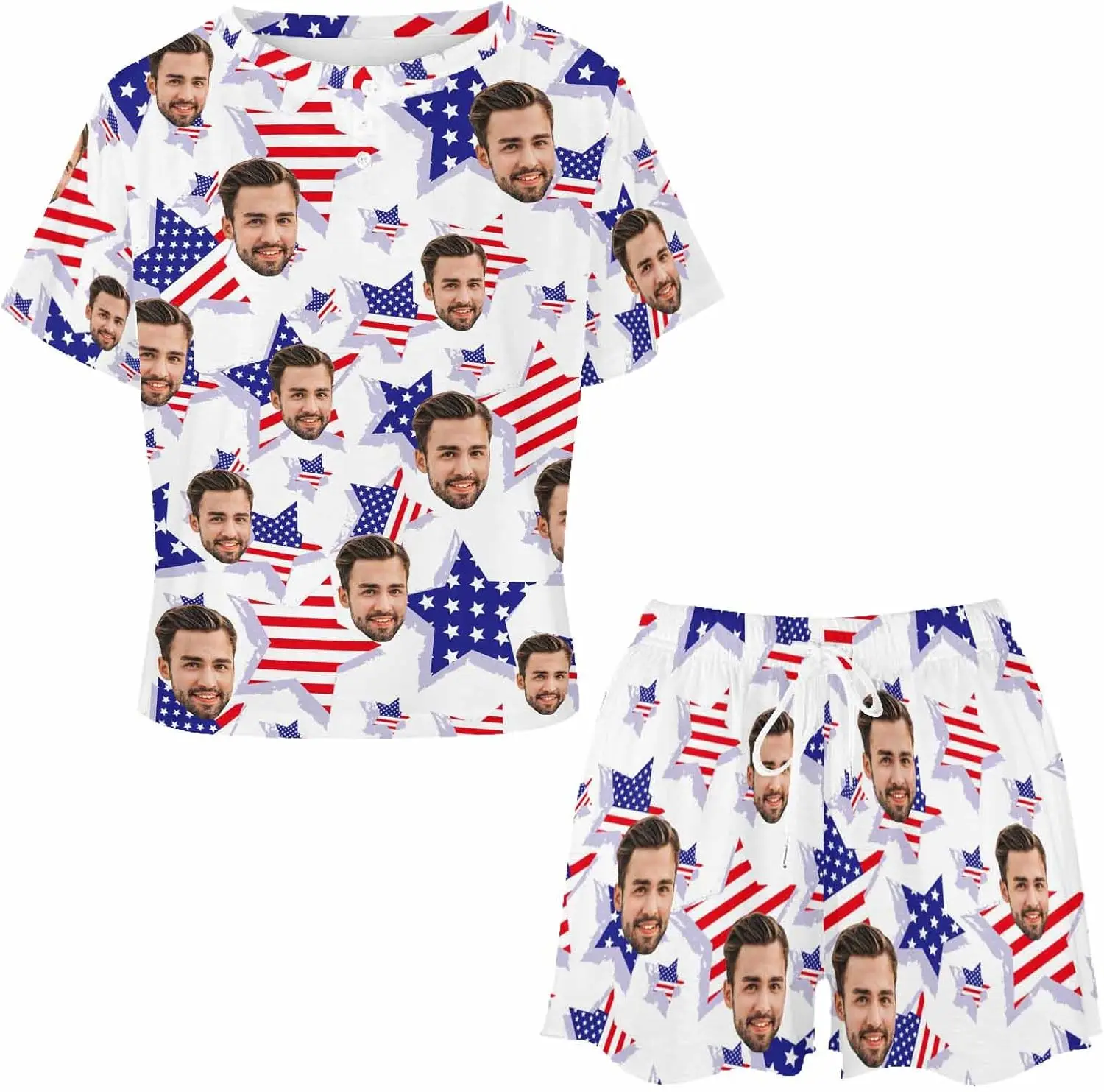 Custom Short Pajamas Set With Photo, Women Personalized Lounge Set, Funny Face Printed Sleepwear, Soft Tracksuit Gift