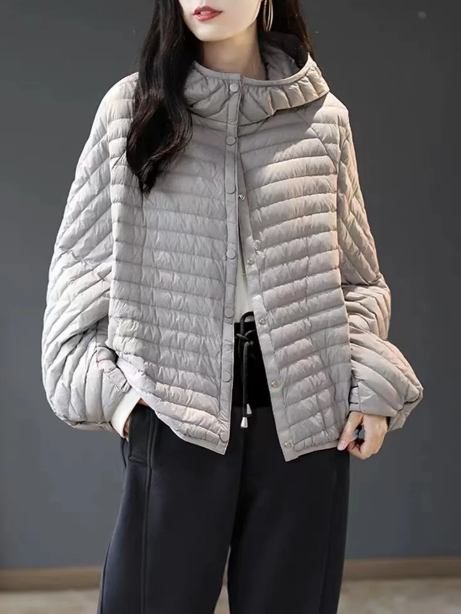 Ringan Longgar Du down Cotton Jaet Wanita Musim Gugur Musim Dingin 2025 ort Sle Serbaguna Mantel Berkerudung Pola Bergaris