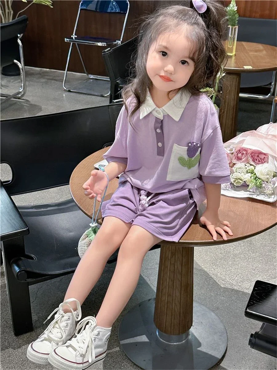 Sweet Girls Summer Conjuntos Cute Flowers Polo Collar T-shirts And Baggy Short Sweatpants Outfit Loose Casual Kids 2 Piece Sets