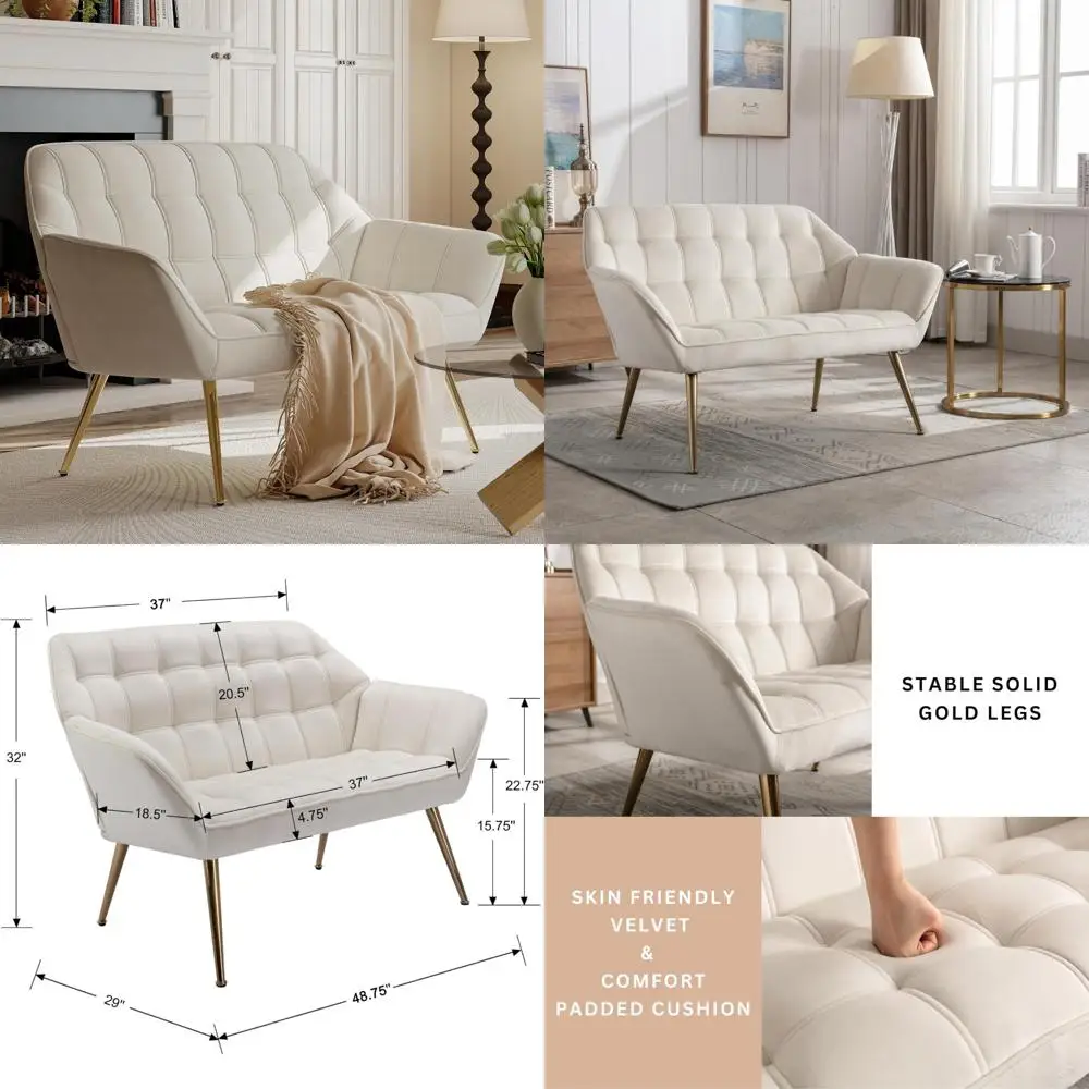 Sofa dwuosobowa w stylu mid-century modern, aksamitna, z pikowanym oparciem typu wingback i złotymi nogami.