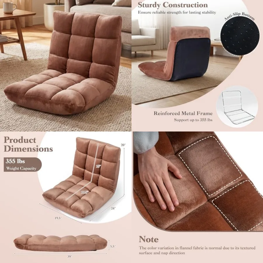 

Floor Chair with 14-Position Adjustable, Couch Recliner with Soft Flannel Fabric Cover, Heavy Duty Metal Support, Folding Gamin