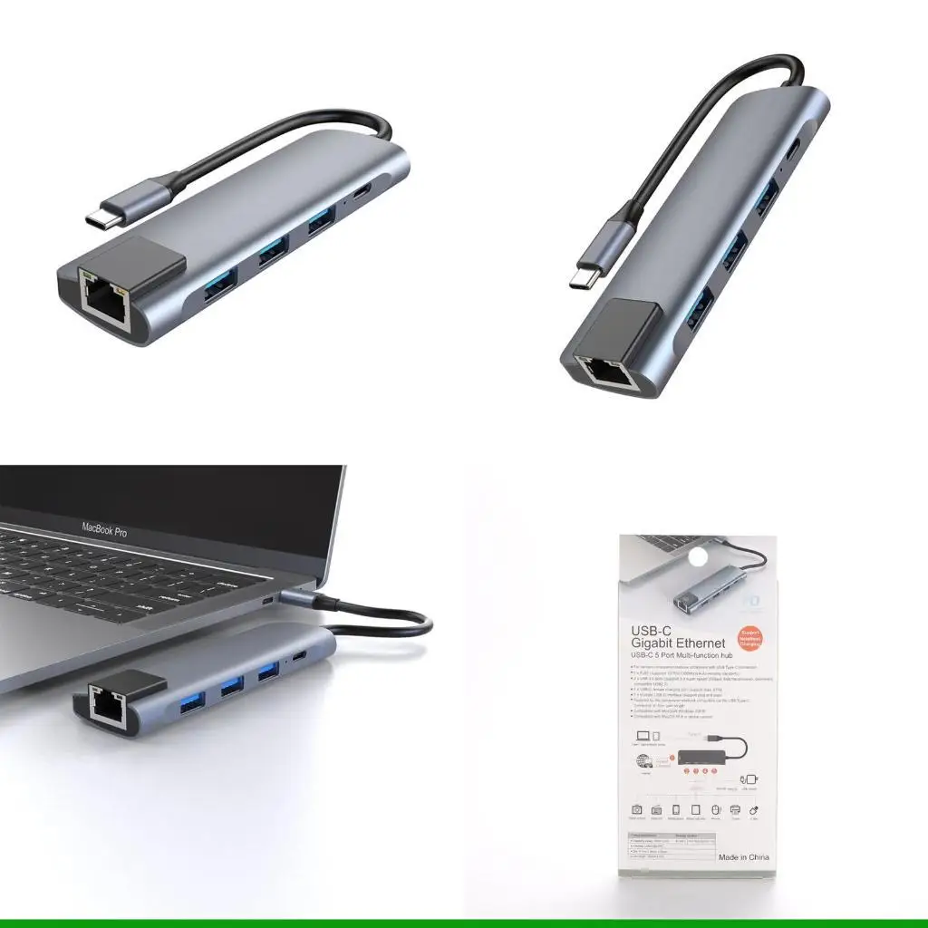 

U55C 5-in-1 High Speed USB C Hub Docking Station Aluminium Alloy Type C to USB3.0 1000Mbps RJ45 LAN 87W PD Adapter